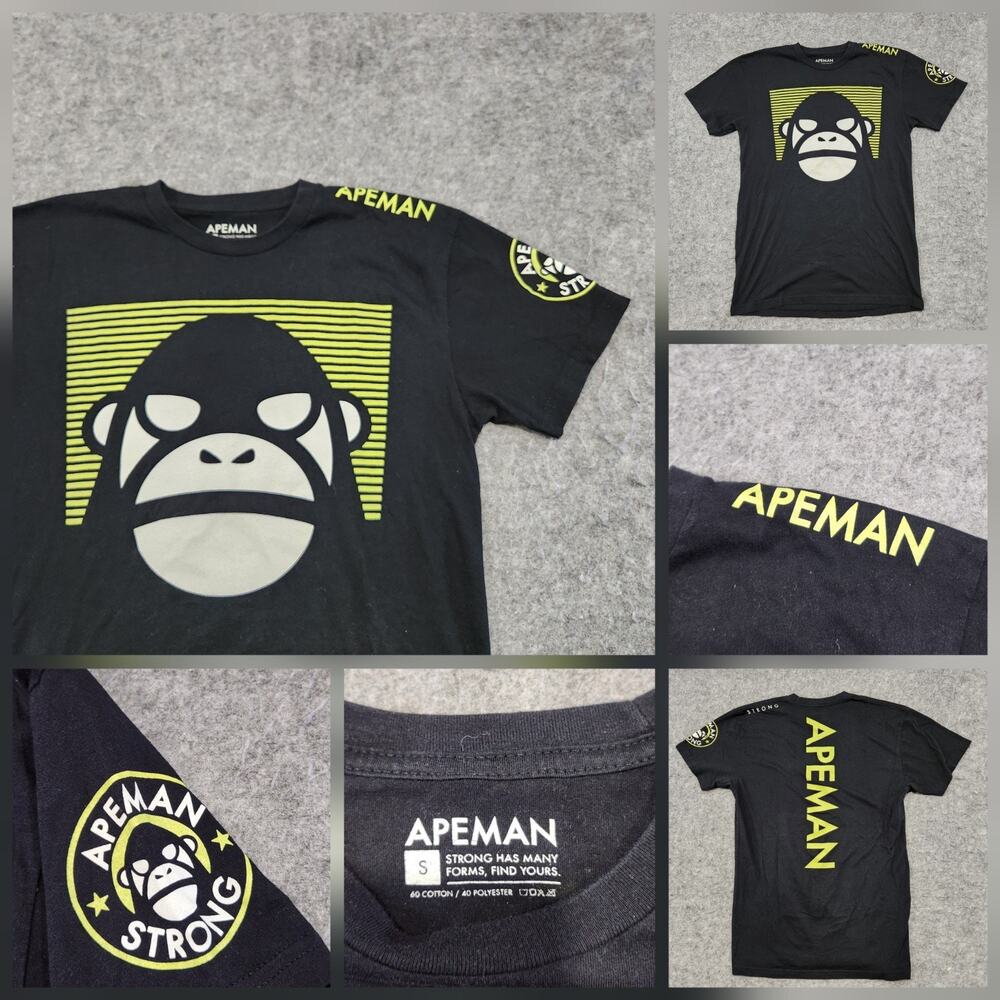 Apeman Strong Mens S Small Black Double Sided‎ Graphic T Shirt Spellout Ape